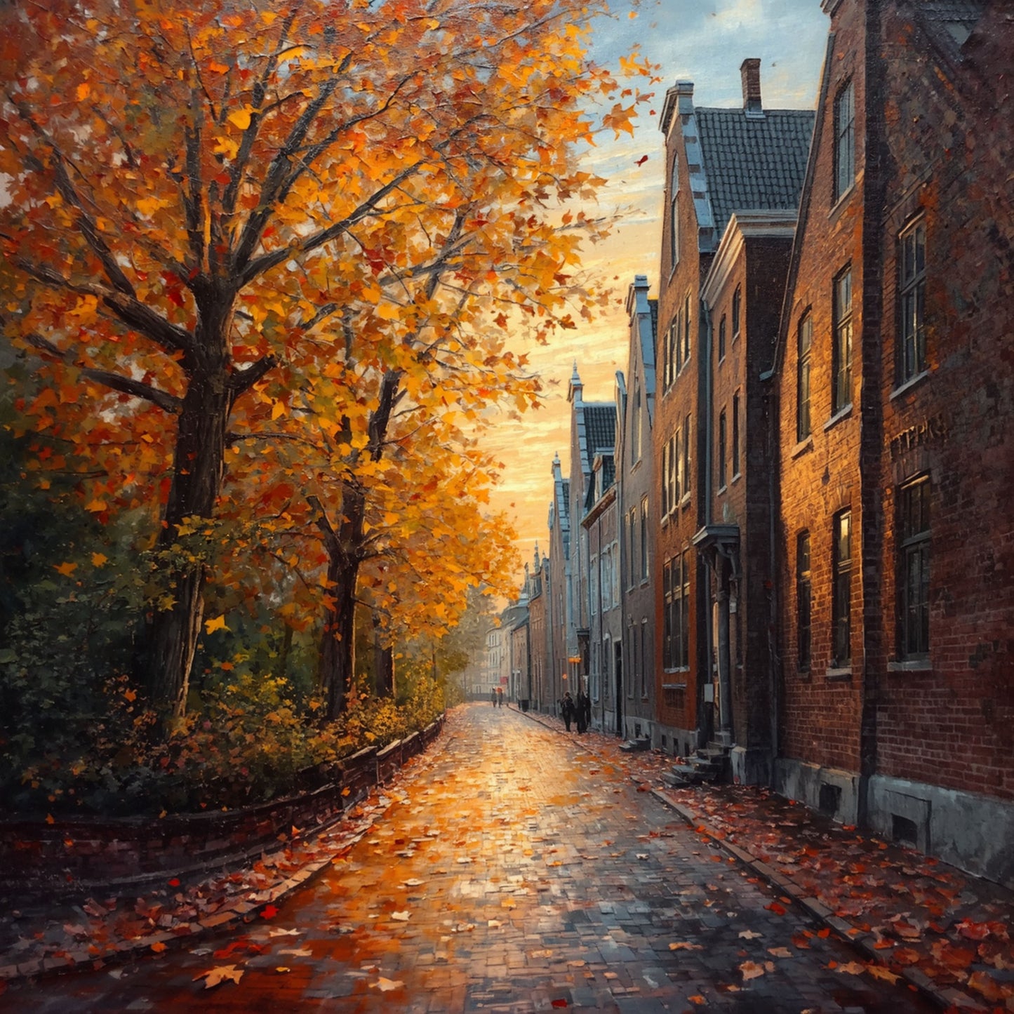 Deventer schilderij met dramatische herfstlaan, gouden avondlicht tussen hoge stadsmuren, oranje bladeren op kasseien en gloeiende bomen – olieverf wall art print
