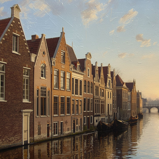 Dordrecht schilderij met historische gracht, klassieke bakstenen gevels, rustende boten langs de kade en bewolkte lucht – olieverf wall art print
