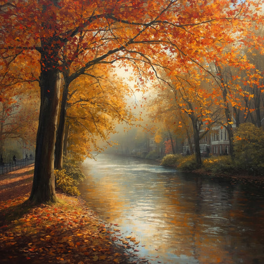 Herfst natuur schilderij met mistig bos, stille rivier, gouden en oranje bomen en warm doorbrekend licht – olieverf wall art print
