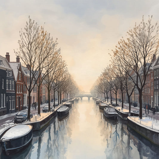 Deventer schilderij met serene wintergracht, symmetrische rij kale bomen, zacht roze en grijs pastelkleurig licht en stil bevroren water – aquarel wall art print
