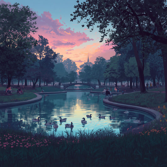 Den Haag park schilderij met roze zonsondergang, vijver met eenden, brug en kerktoren – digitaal aquarel wall art print