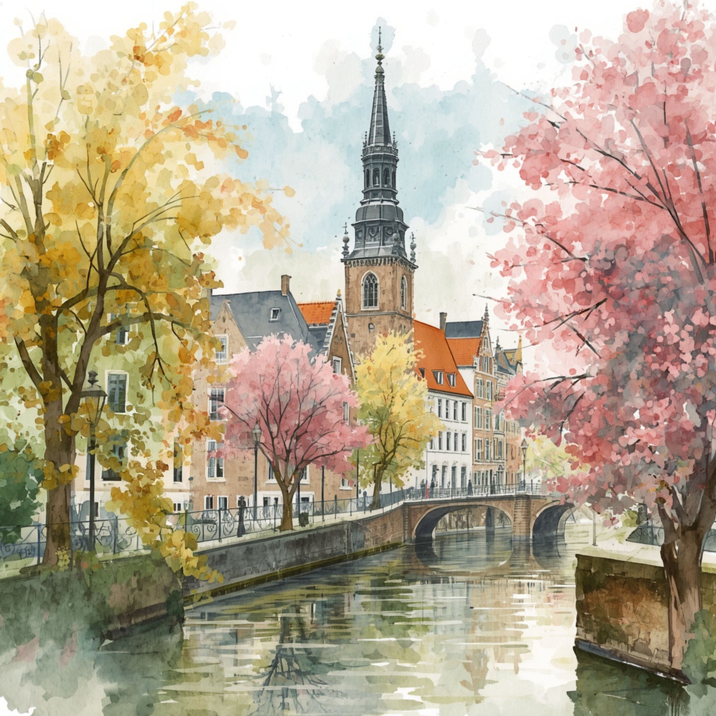 Deventer schilderij met lentegracht, roze bloesembomen, hoge kerktoren, kleurrijke historische gevels en spiegelend water – aquarel wall art print
