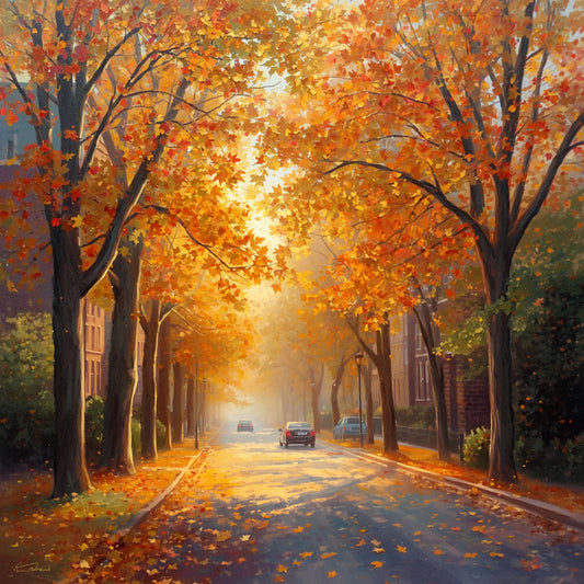 Deventer schilderij met vurige herfst bomentunnel, gouden en oranje bladeren, auto op de weg en dramatisch warm avondlicht – olieverf wall art print

