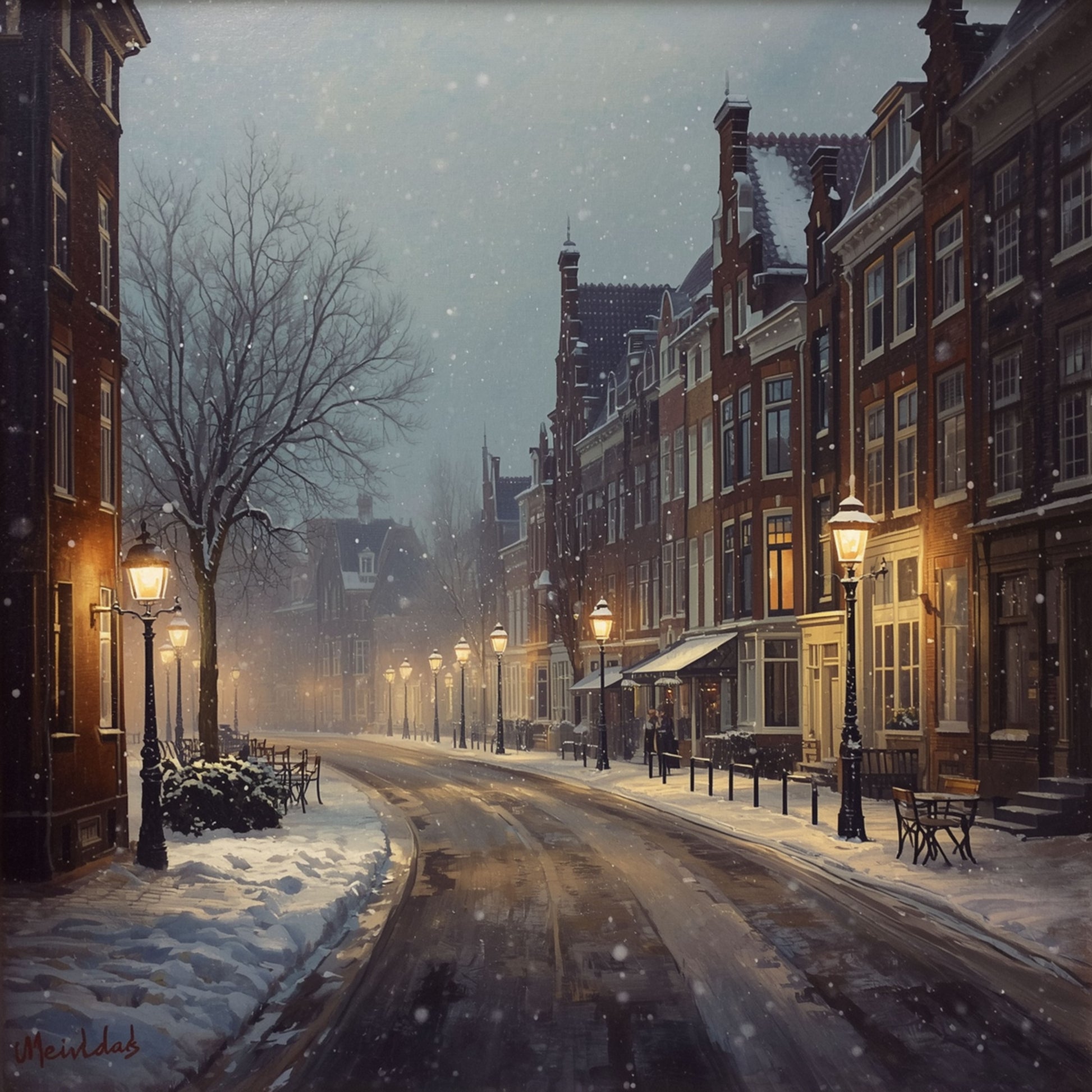 Deventer schilderij met donkere winterstraat, sneeuw op kasseien, gloeiende lantaarns en sfeervolle avondverlichting – olieverf wall art print

