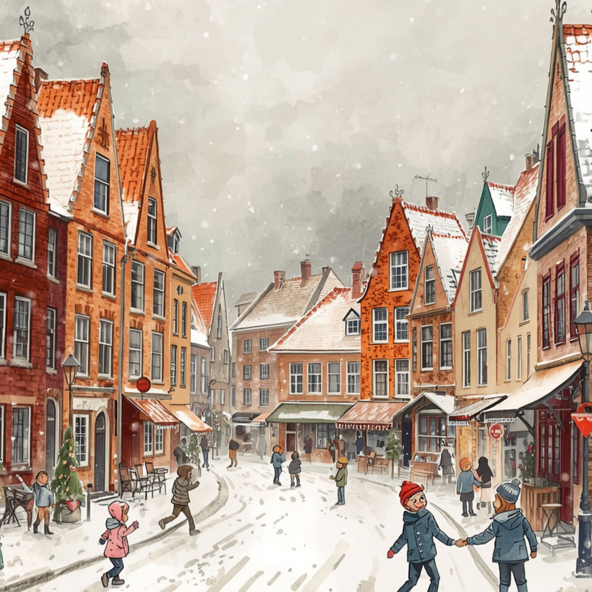 Deventer schilderij met vrolijke winterse marktstraat, besneeuwde rode daken, schaatsers, wandelaars en kleurrijke historische trapgevels – aquarel wall art print
