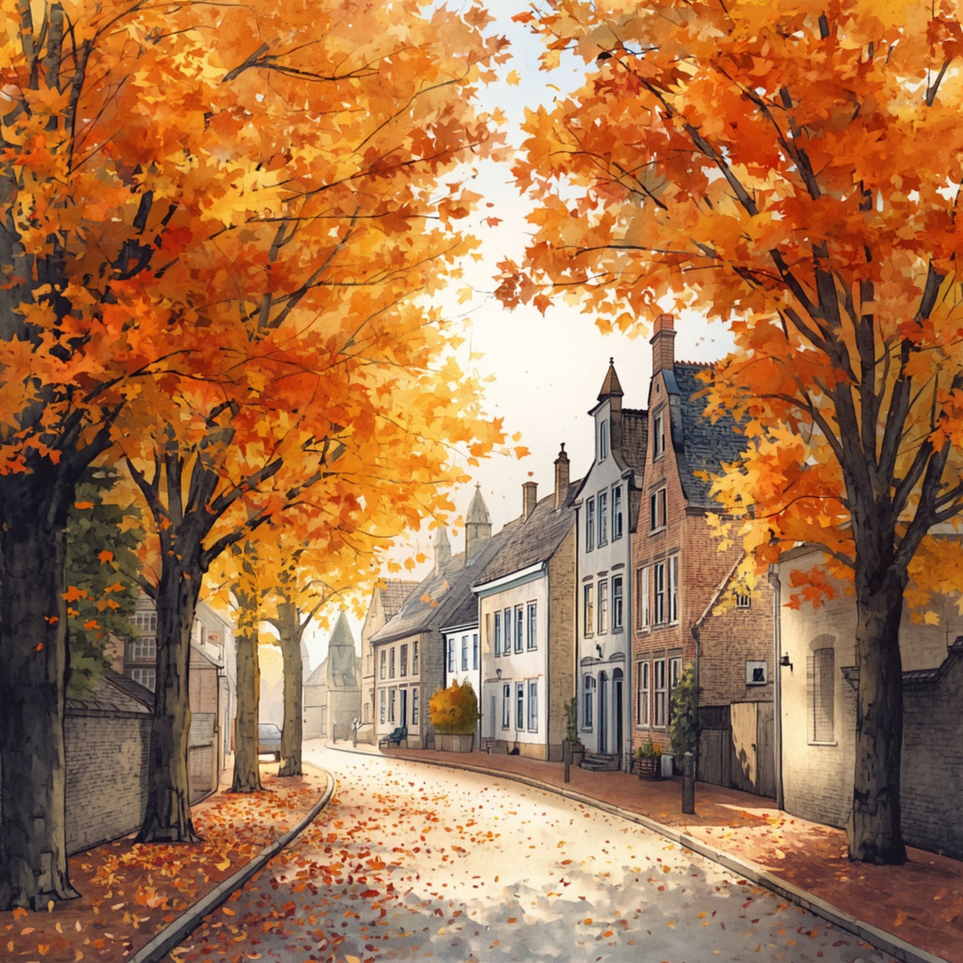 Deventer schilderij met warme herfststraat, gouden en oranje bomen, historische bakstenen panden en zacht zonlicht op kasseien – aquarel wall art print
