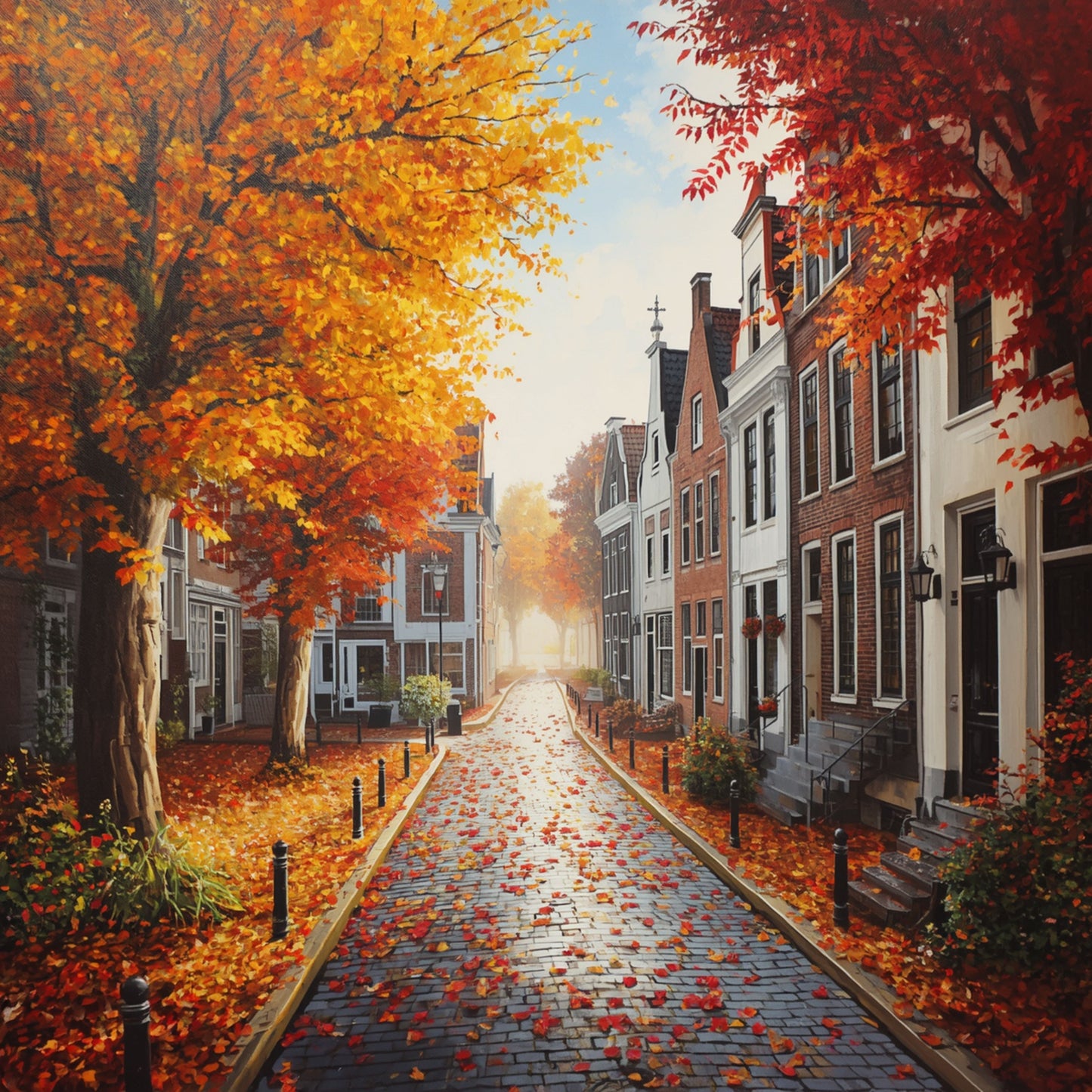 Deventer schilderij met regenachtige herfststraat, vuurrode en oranje bomen, glanzende kasseien en historische bakstenen panden – aquarel wall art print
