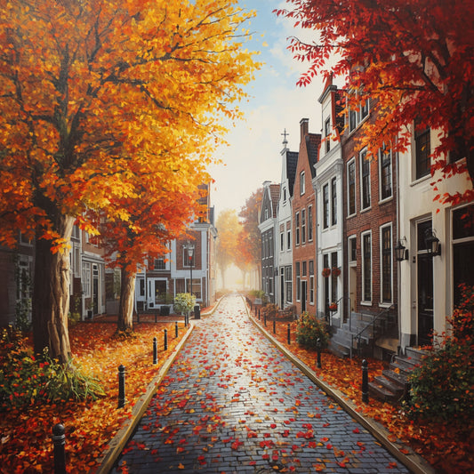 Deventer schilderij met regenachtige herfststraat, vuurrode en oranje bomen, glanzende kasseien en historische bakstenen panden – aquarel wall art print
