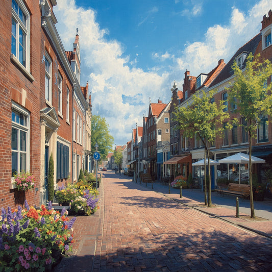 Deventer schilderij met zonnige zomerstraat, rode bakstenen panden, kleurrijke bloemen, terrasjes, grote groene bomen en blauwe lucht – aquarel wall art print
