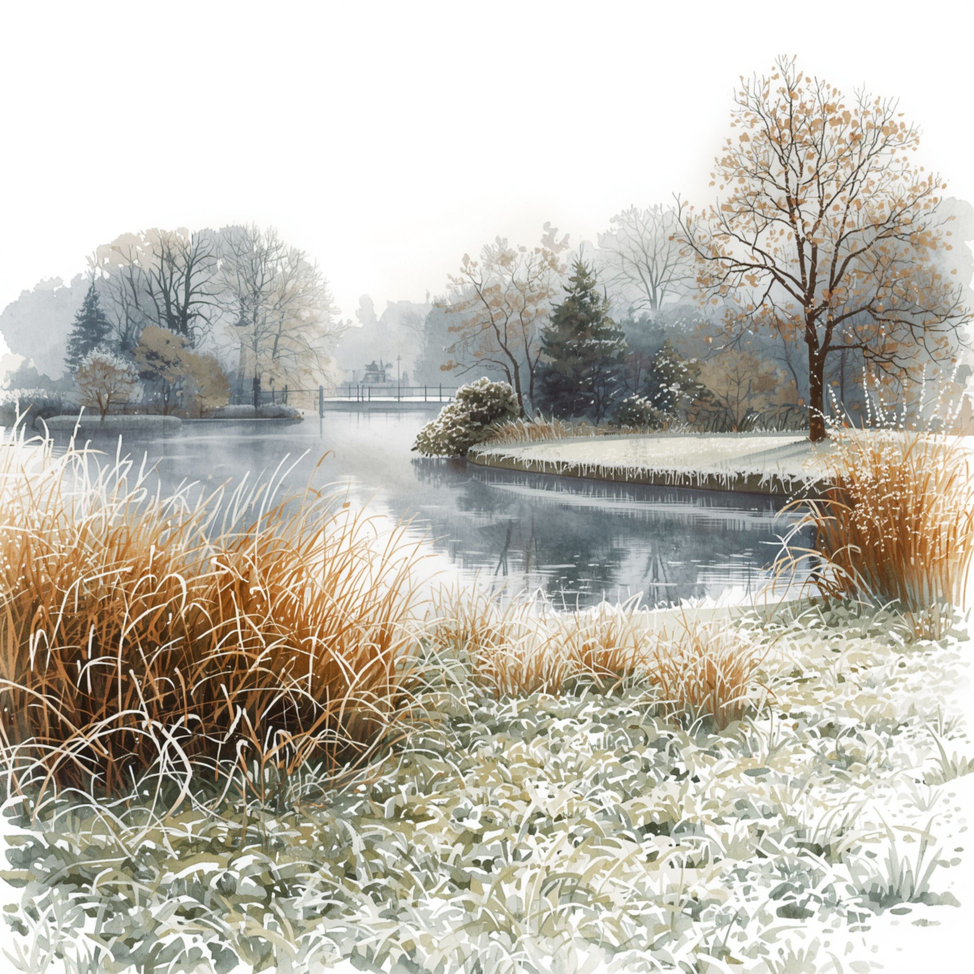 Dordrecht schilderij met sereen winterlandschap, bevroren rivier, droge rietkragen, kale bomen en zacht grijs winterlicht – aquarel wall art print
