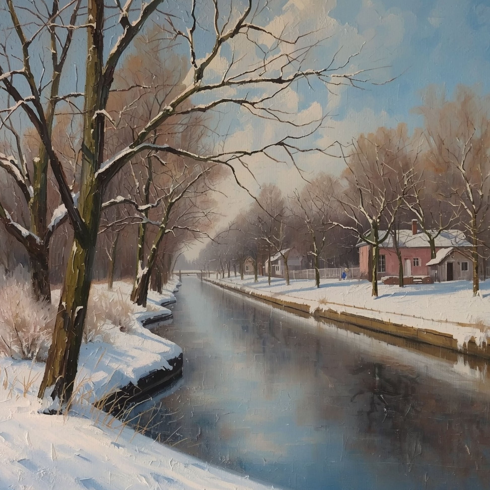 Dordrecht schilderij met klassieke winterse gracht, besneeuwde kale bomen, paarden met wagen op bevroren kade en historische gevels – olieverf wall art print

