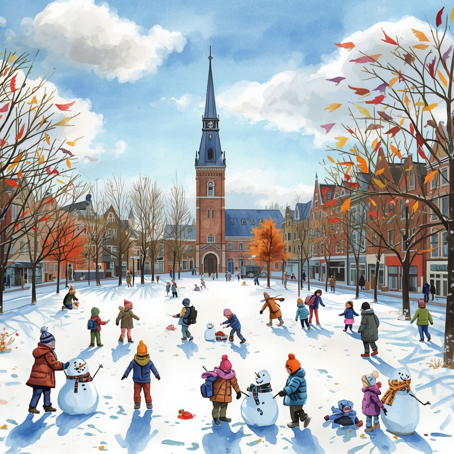 Dordrecht schilderij met vrolijk winters schaatsfeest, tientallen schaatsers op het ijs, hoge kerktoren en besneeuwde bomen – aquarel wall art print
