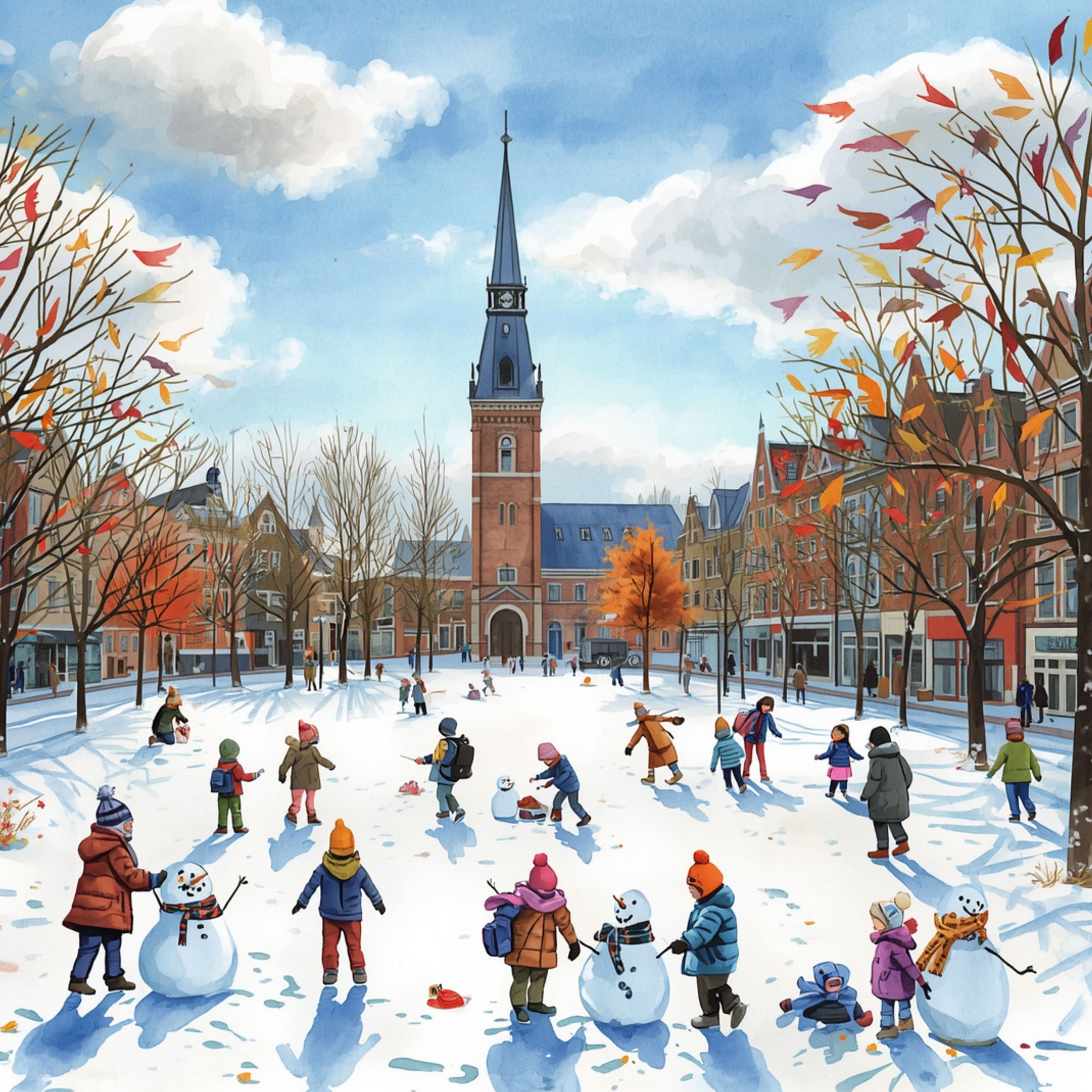 Dordrecht schilderij met vrolijk winters schaatsfeest, tientallen schaatsers op het ijs, hoge kerktoren en besneeuwde bomen – aquarel wall art print
