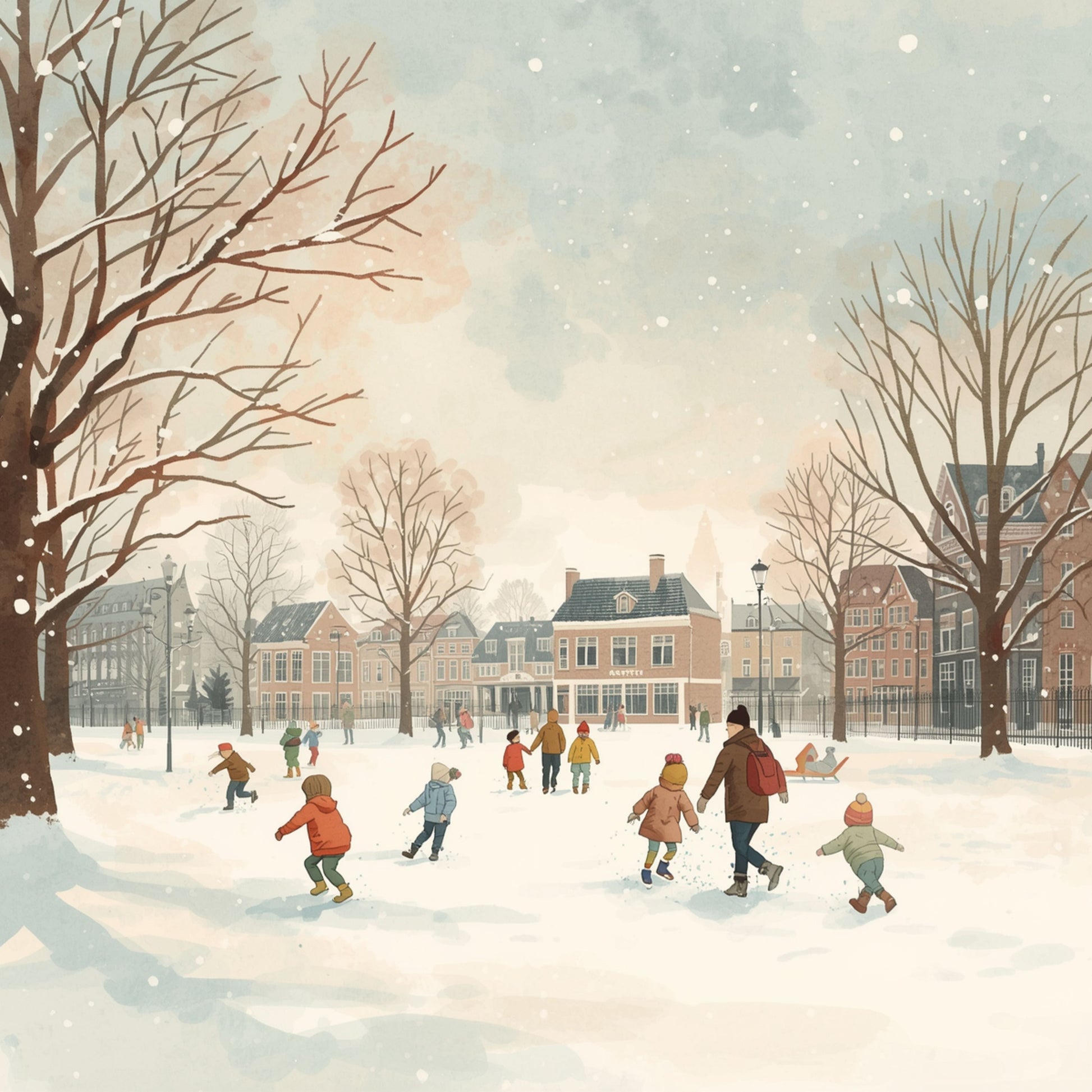 Dordrecht schilderij met sfeervol winters sneeuwspel, kinderen en mensen in de sneeuw, kale bomen en historisch gebouw op achtergrond – aquarel wall art print
