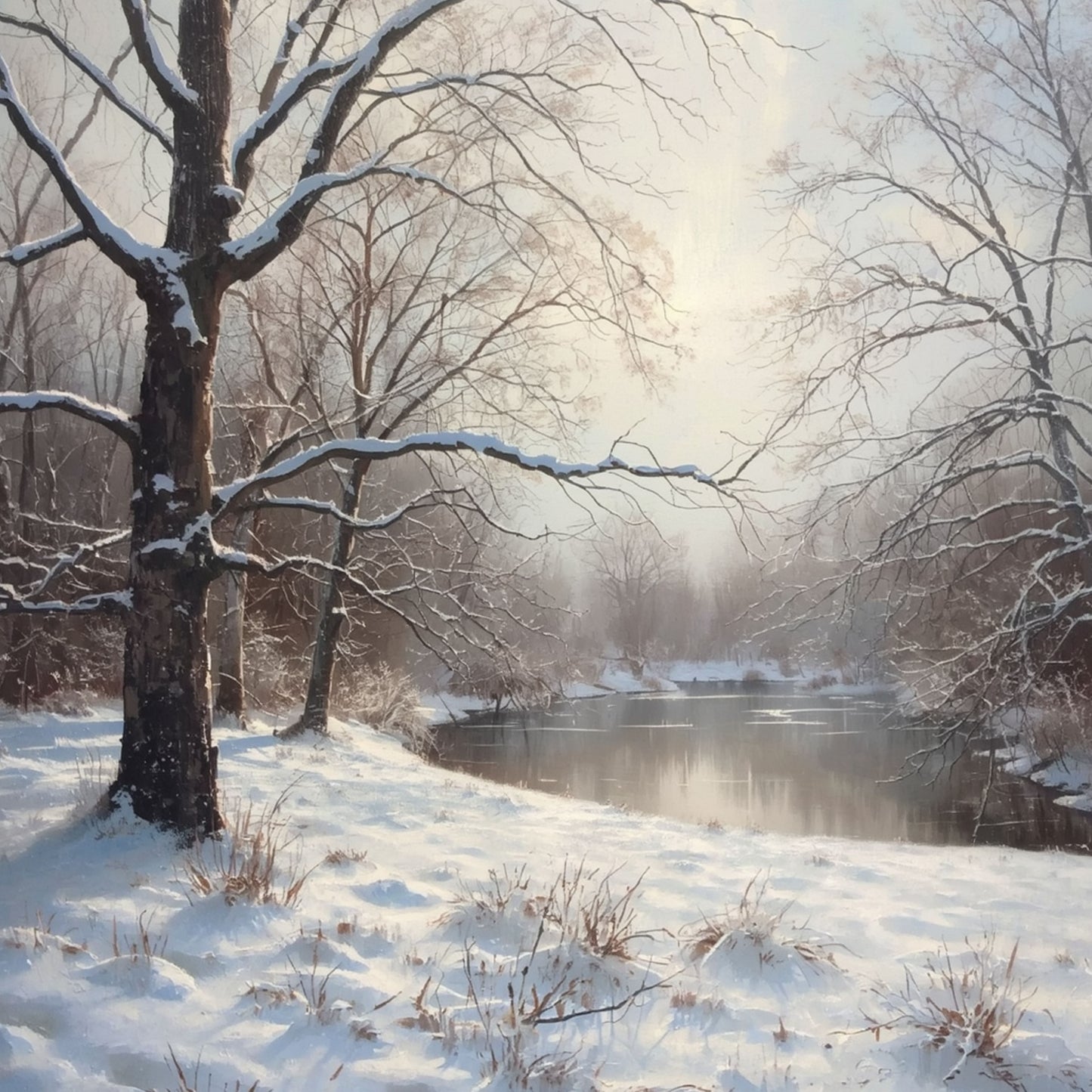 Winter natuur schilderij met bevroren rivier, besneeuwde kale bomen, dik sneeuwdek op de oevers en mistig grijs winterlicht – olieverf wall art print
