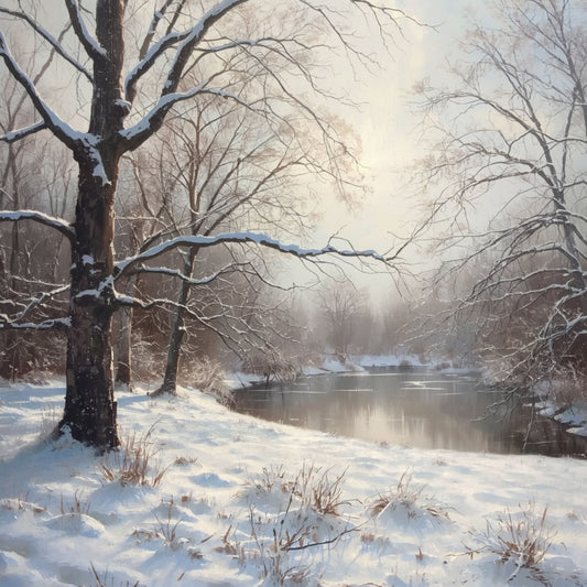 Winter natuur schilderij met bevroren rivier, besneeuwde kale bomen, dik sneeuwdek op de oevers en mistig grijs winterlicht – olieverf wall art print

