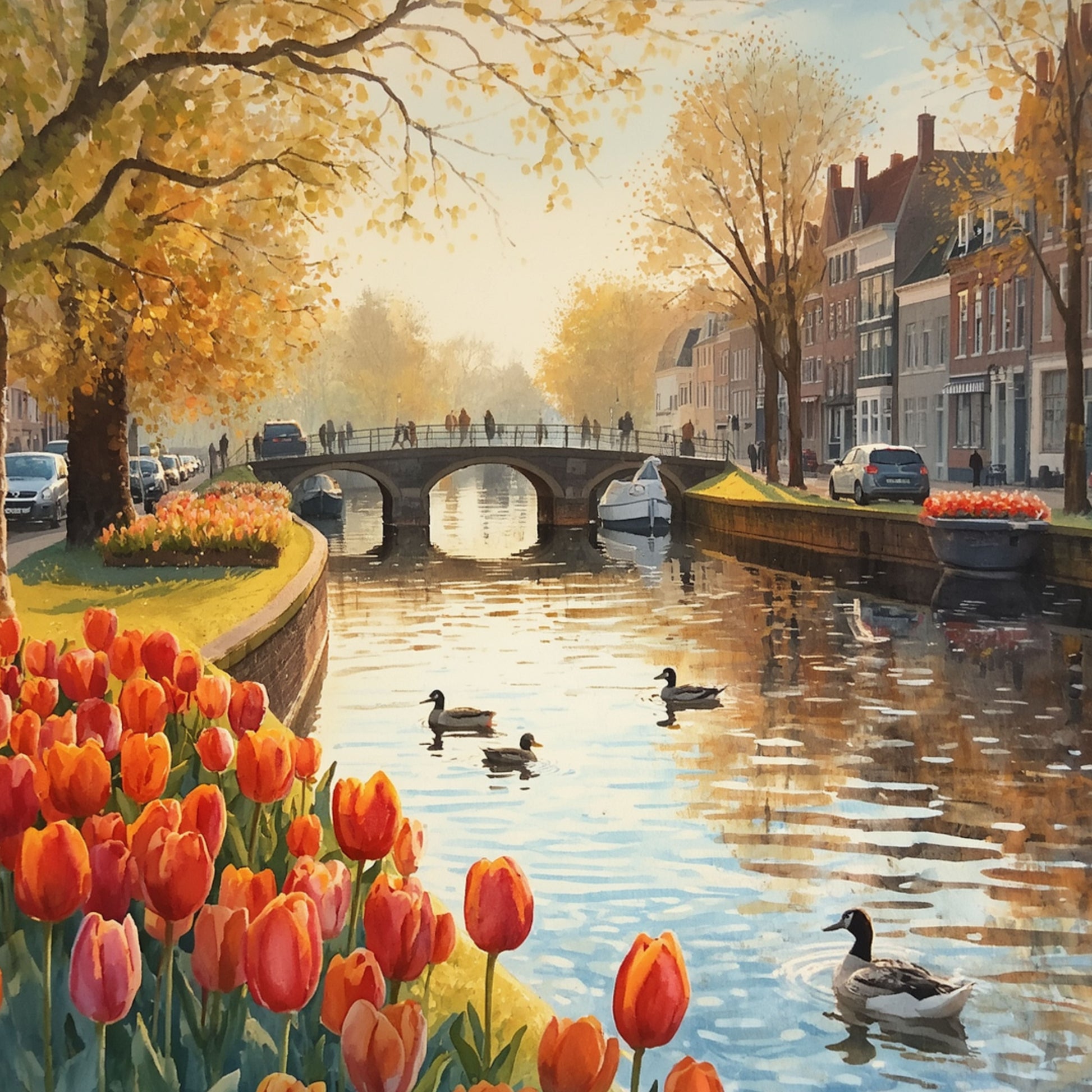 Dordrecht schilderij met kleurrijke lentegracht, rode tulpen langs de kade, eenden op het water, gouden bomen en historische gevels in warm avondlicht – aquarel wall art print
