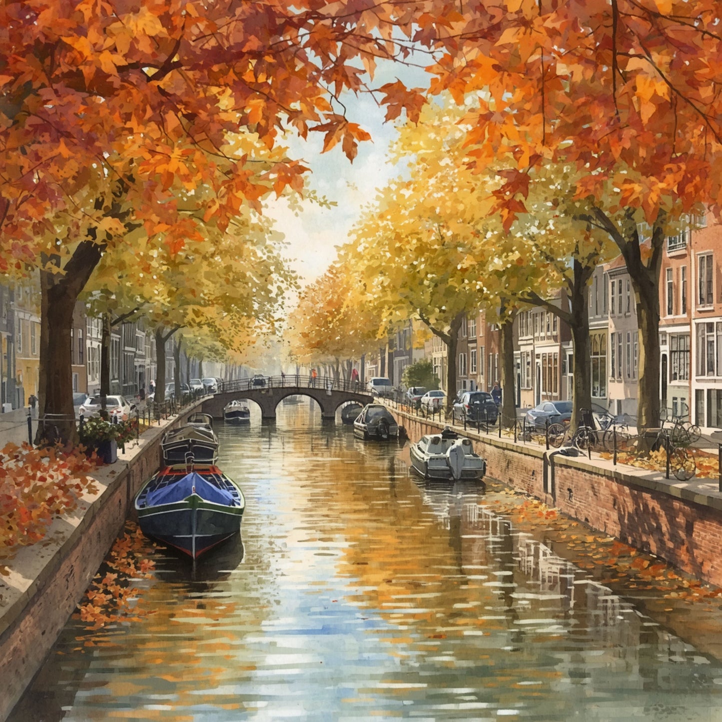 Dordrecht schilderij met gouden herfstgracht, oranje en rode bomen, historische gevels en boten weerspiegeld in het stille water – aquarel wall art print
