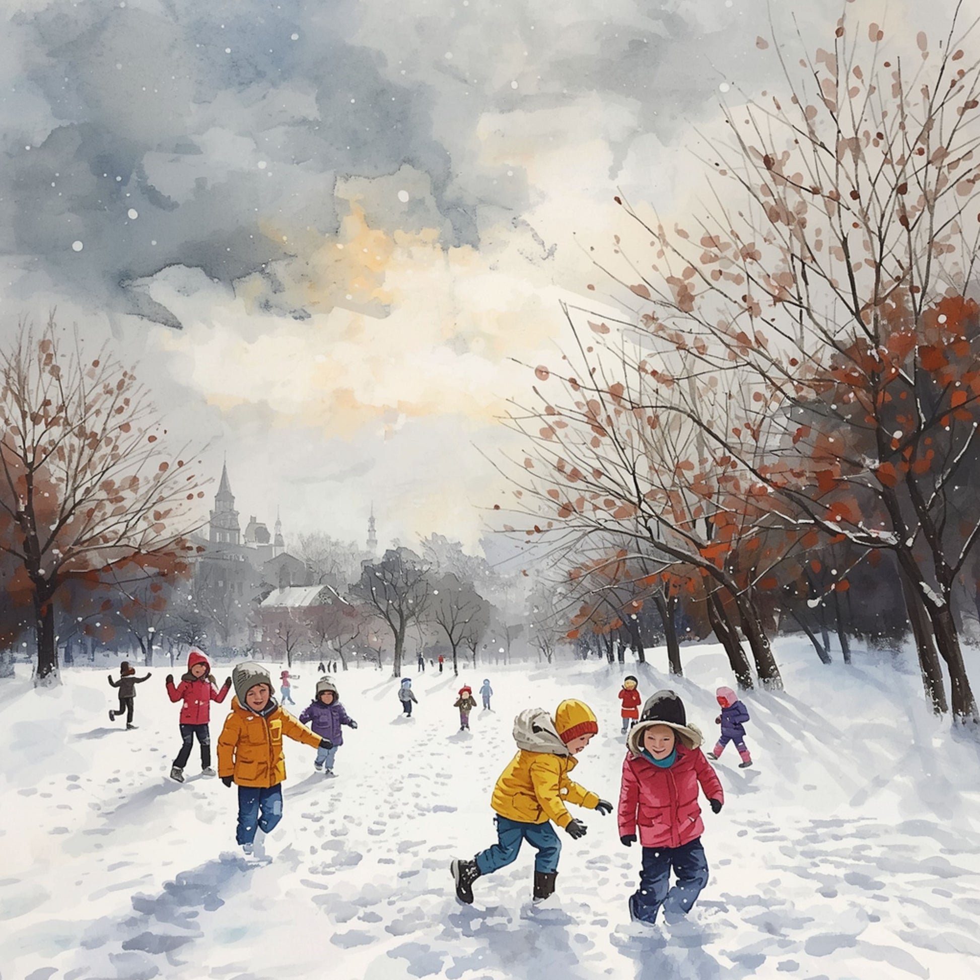 Dordrecht schilderij met vrolijk winters tafereel, kleurrijke kinderen die spelen in de sneeuw, kale bomen en bewolkte grijze lucht – aquarel wall art print
