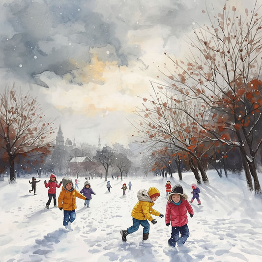 Dordrecht schilderij met vrolijk winters tafereel, kleurrijke kinderen die spelen in de sneeuw, kale bomen en bewolkte grijze lucht – aquarel wall art print
