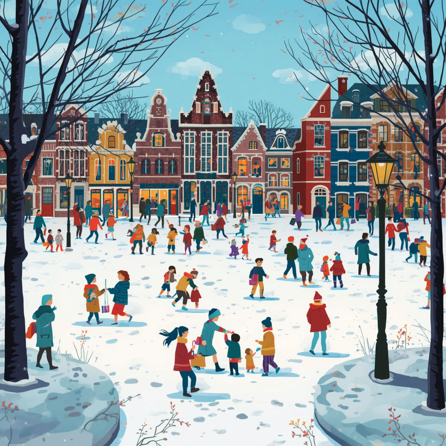 Winter schilderij met vrolijk sneeuwfeest, kleurrijke kinderen en mensen op besneeuwd marktplein, kleurrijke historische gebouwen en bewolkte lucht – aquarel wall art print
