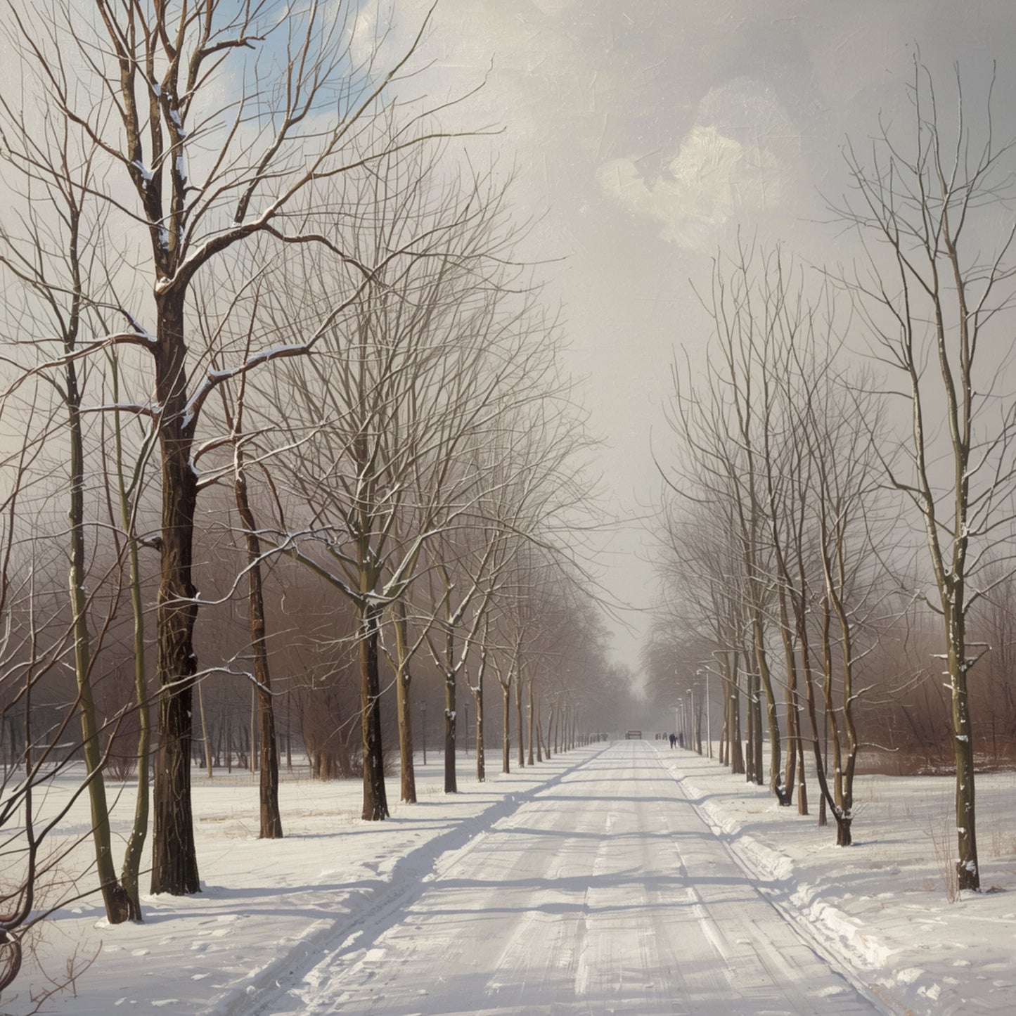 Dordrecht schilderij met sereen winters park, symmetrische laan van kale bomen, dik sneeuwdek op de grond en mistig grijs winterlicht – olieverf wall art print

