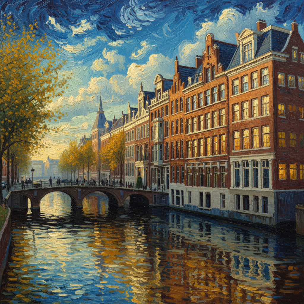 Amsterdam gracht schilderij met wervelende lucht, gouden herfstreflecties, brug en historische grachtenpanden – impressionistisch olieverf wall art print