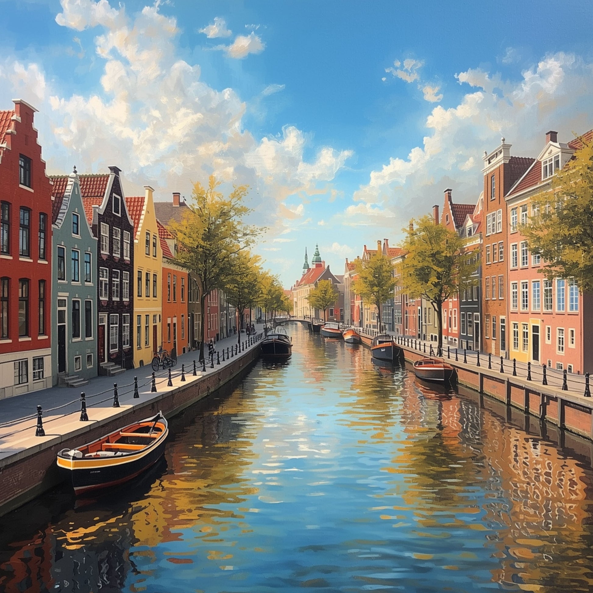 Dordrecht schilderij met zonnige zomergracht, kleurrijke historische gevels, boten langs de kade en stralend blauwe lucht weerspiegeld in helder water – olieverf wall art print
