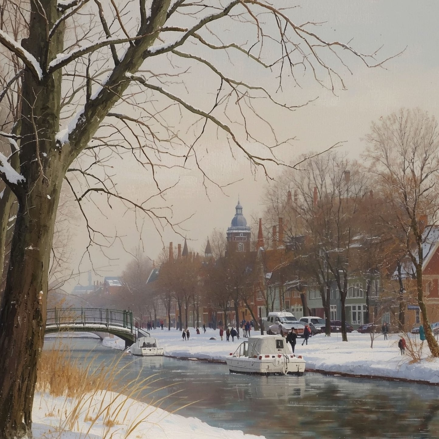 Klassiek winter natuur schilderij met bevroren rivier, kale bomen langs de oever en zacht warm winterlicht door de mist – olieverf wall art print
