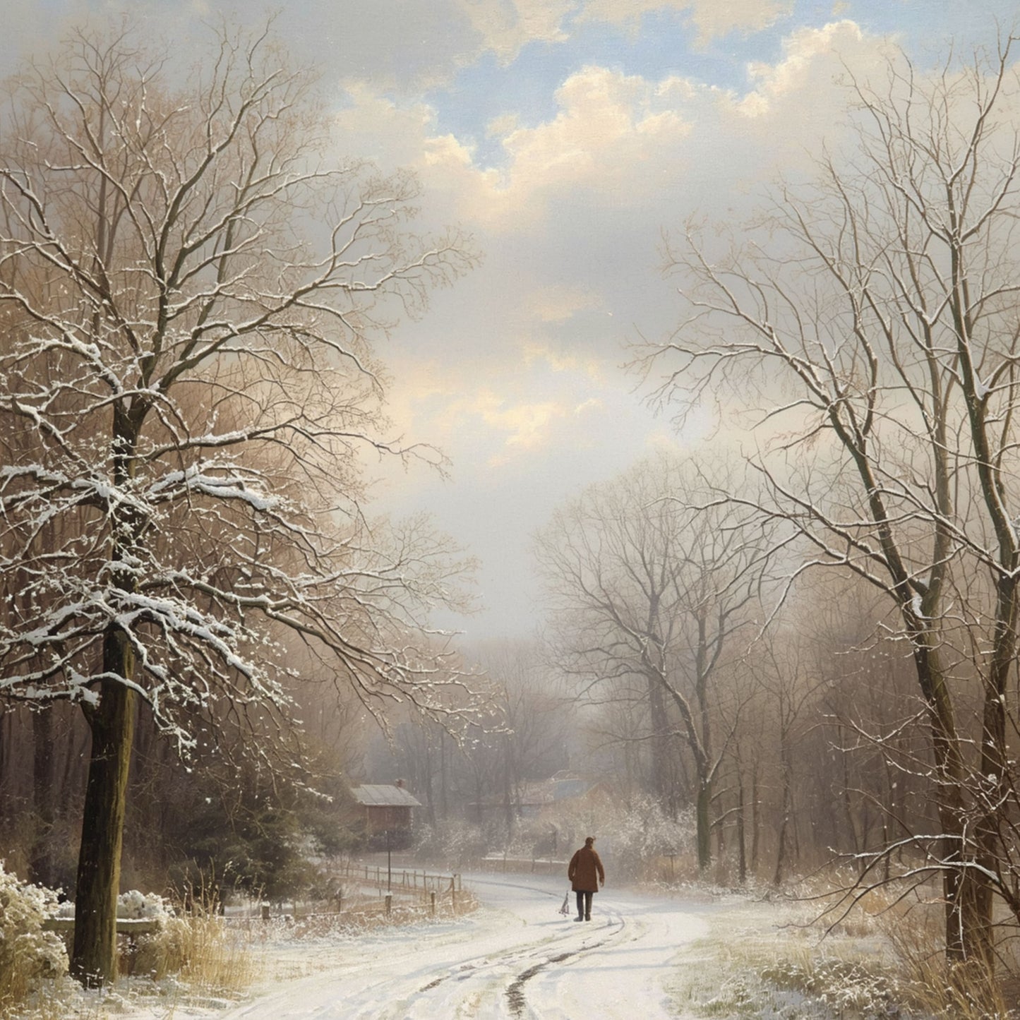 Winter schilderij met mysterieus mistig bospad, eenzame wandelaar tussen witte besneeuwde bomen en ijzige wintermist – olieverf wall art print
