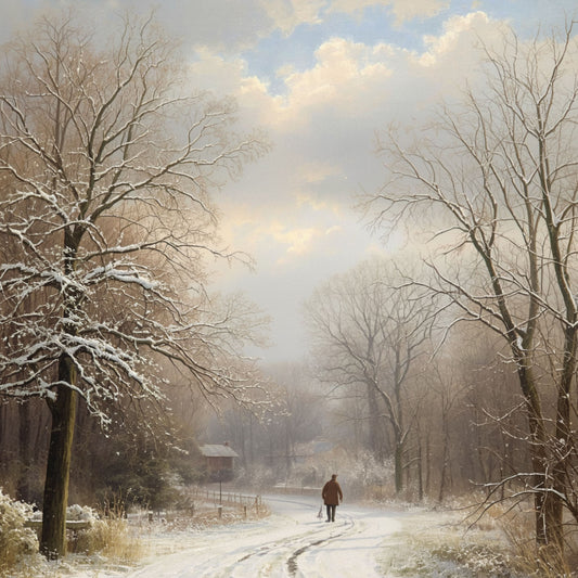 Winter schilderij met mysterieus mistig bospad, eenzame wandelaar tussen witte besneeuwde bomen en ijzige wintermist – olieverf wall art print
