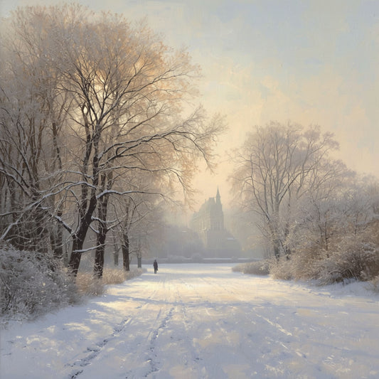 Winter natuur schilderij met dromerig besneeuwd bos, witte bomen bedekt met sneeuw, zacht roze en gouden licht en diepe sneeuwlaag op de grond – olieverf wall art print
