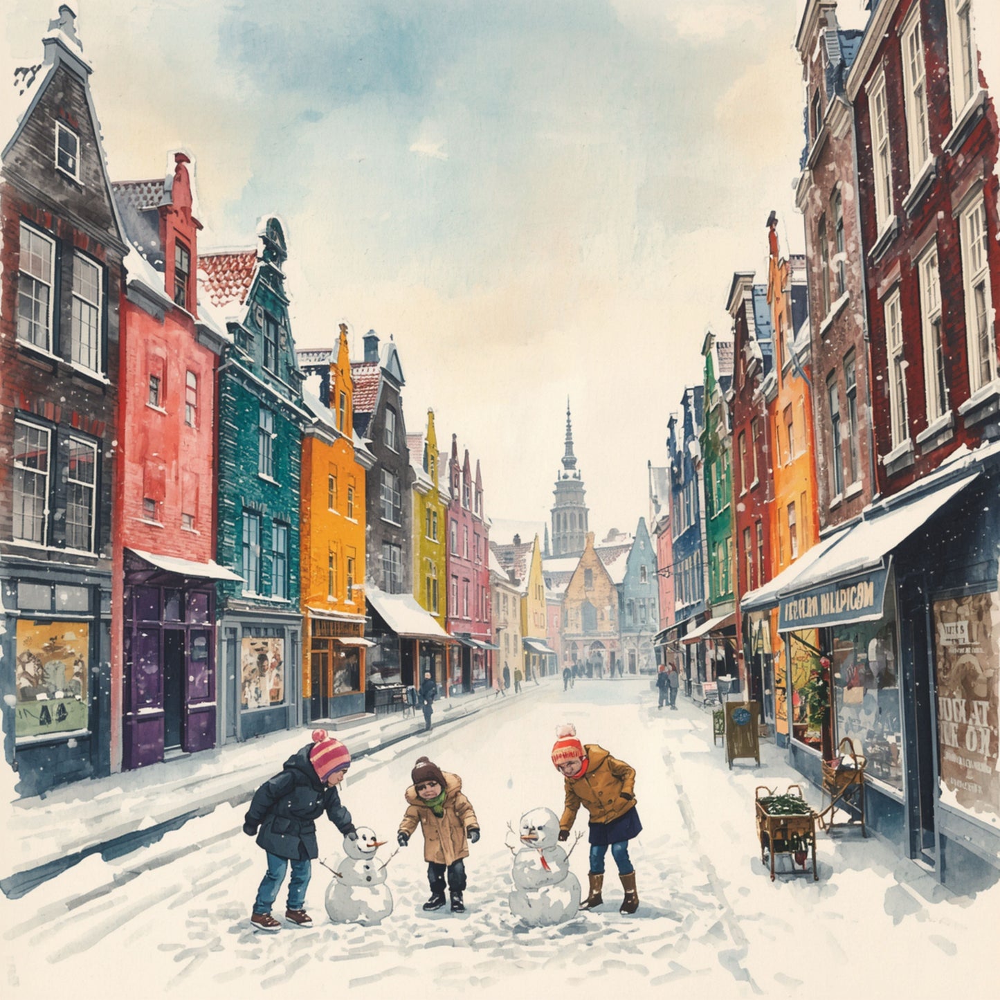 Dordrecht schilderij met vrolijk winters straatfeest, kleurrijke historische gevels, mensen die spelen in de sneeuw en hoge kerktoren op achtergrond – aquarel wall art print
