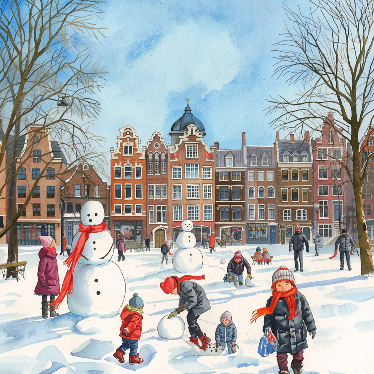 Dordrecht schilderij met gezellig winters tafereel, kinderen die een sneeuwpop maken voor kleurrijke historische gevels en besneeuwde daken – aquarel wall art print
