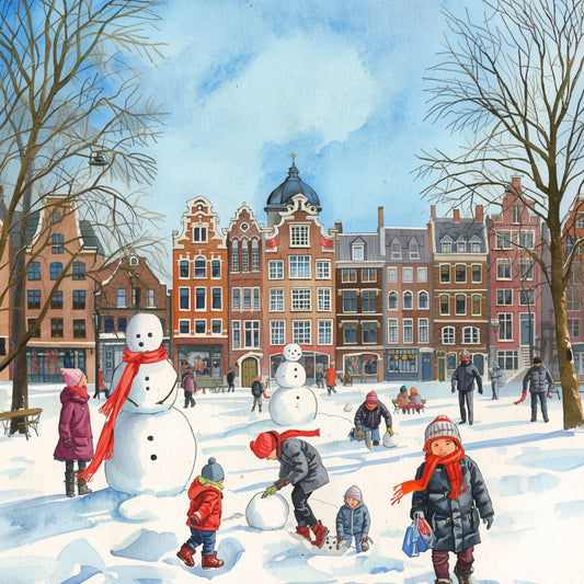 Dordrecht schilderij met gezellig winters tafereel, kinderen die een sneeuwpop maken voor kleurrijke historische gevels en besneeuwde daken – aquarel wall art print
