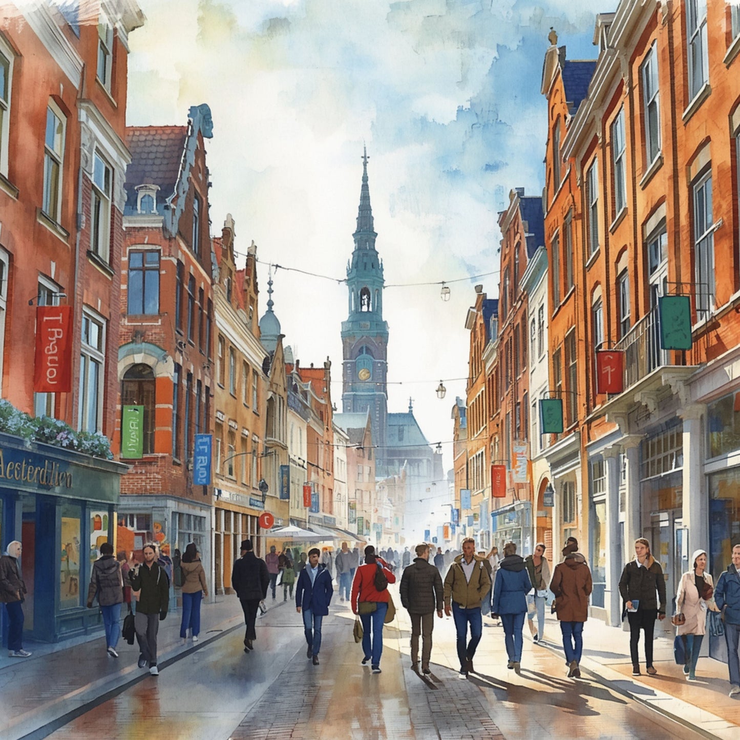 Den Haag Spui schilderij met winkelende mensen, historische gevels en Grote Kerk toren – aquarel cityscape wall art print
