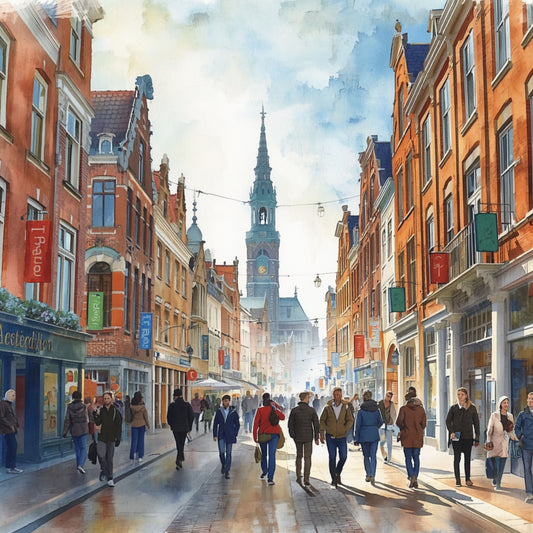 Den Haag Spui schilderij met winkelende mensen, historische gevels en Grote Kerk toren – aquarel cityscape wall art print
