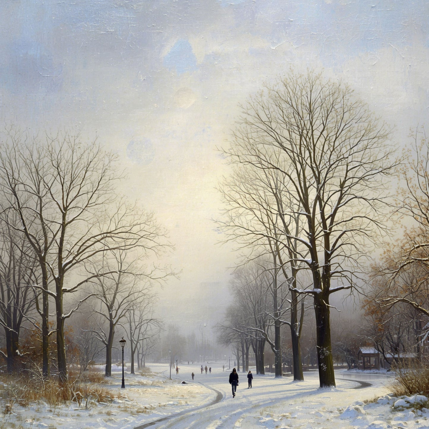 Klassiek winter schilderij met eenzame wandelaar op besneeuwd pad tussen hoge kale bomen en zacht gouden licht dat door de wintermist breekt – olieverf wall art print
