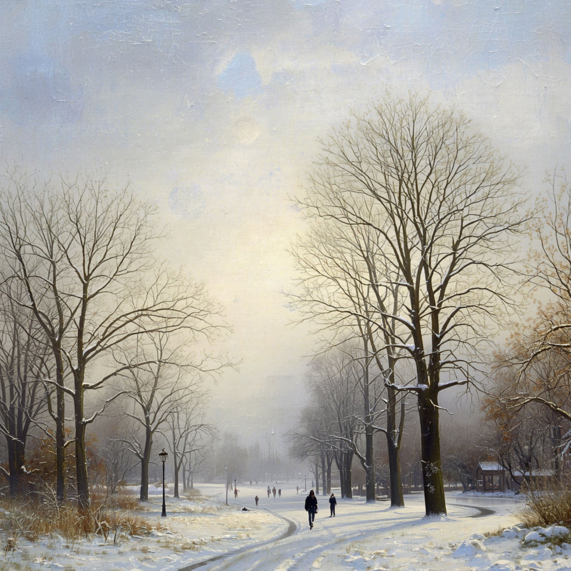 Klassiek winter schilderij met eenzame wandelaar op besneeuwd pad tussen hoge kale bomen en zacht gouden licht dat door de wintermist breekt – olieverf wall art print
