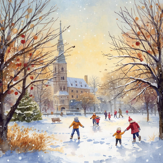 Dordrecht schilderij met winters schaatstafereel, schaatsers op het ijs, kale bomen, hoge kerktoren en warm oranje avondlicht – aquarel wall art print
