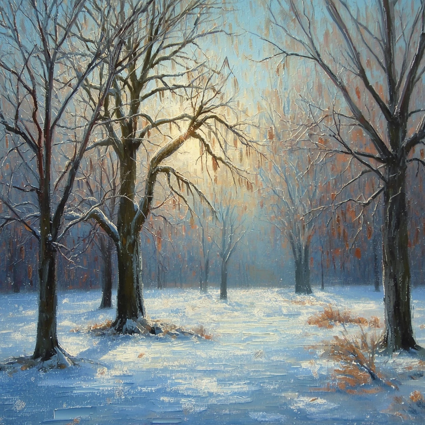 Winter schilderij met mysterieus parklandschap, kale bomen met gouden gloed, blauw-gouden mist en zacht glanzend ijs op de grond – olieverf wall art print
