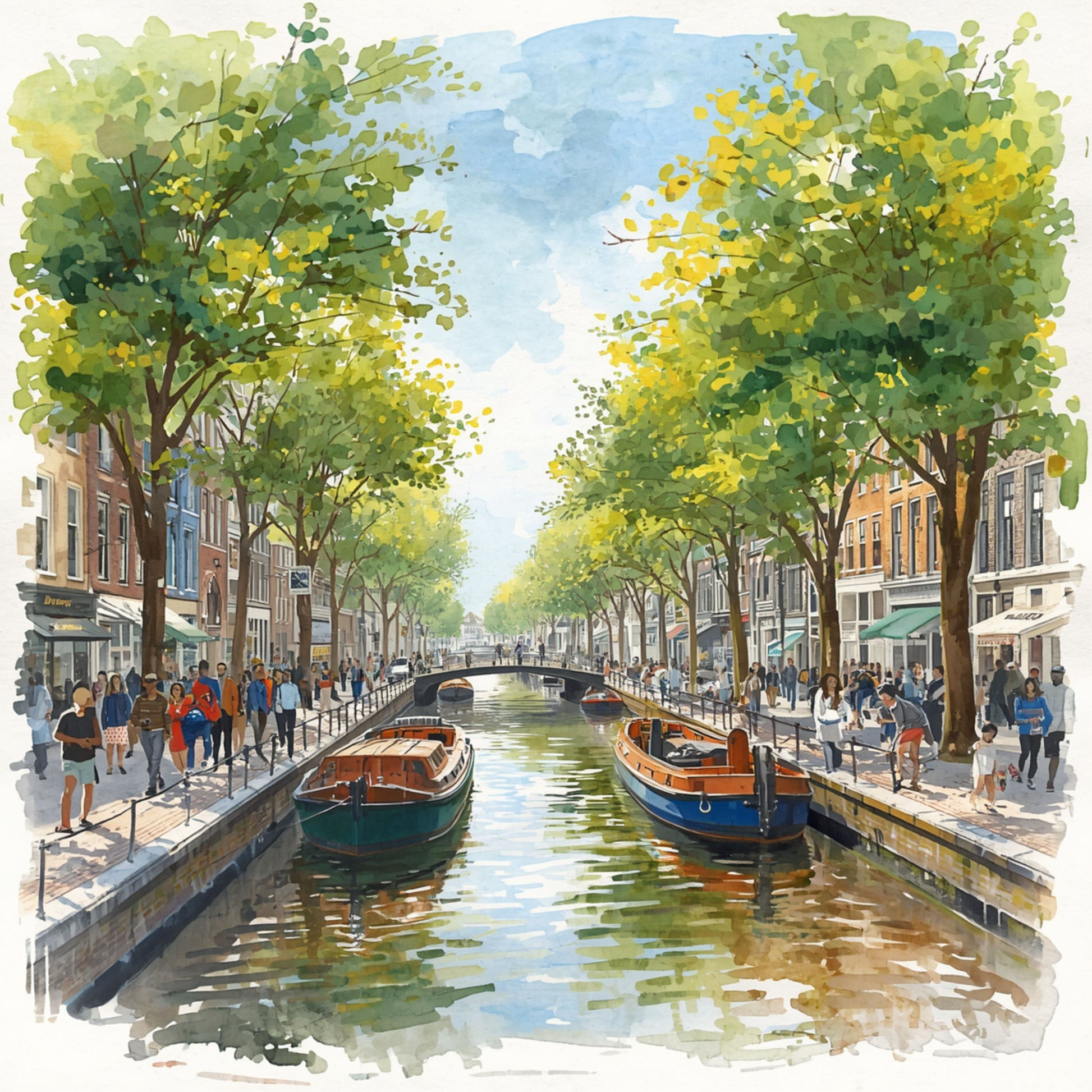 Dordrecht schilderij met zonnige zomergracht, weelderige groene bomen, kleurrijke boten langs de kade en historische gevels weerspiegeld in helder water – aquarel wall art print
