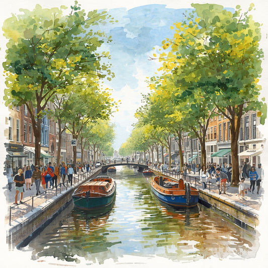 Dordrecht schilderij met zonnige zomergracht, weelderige groene bomen, kleurrijke boten langs de kade en historische gevels weerspiegeld in helder water – aquarel wall art print
