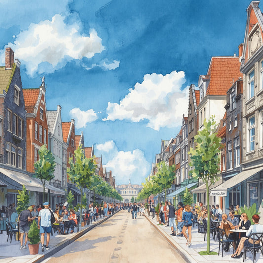 Den Haag zomerse winkelstraat schilderij met terrassen, groene bomen, blauwe lucht en historische gevels – aquarel cityscape wall art print
