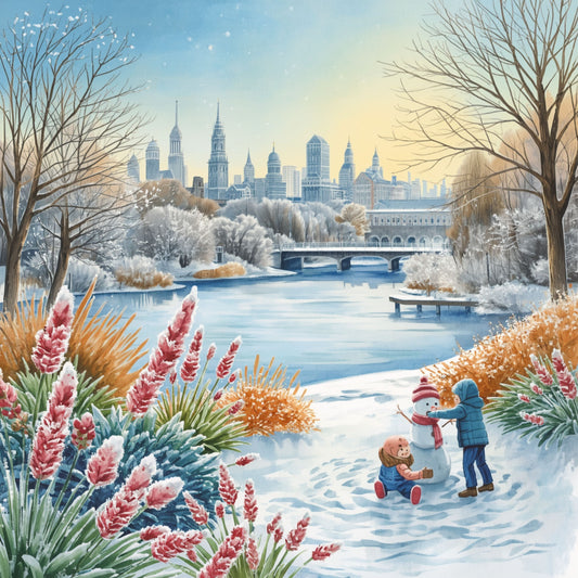New York schilderij met winters Central Park, spelende kinderen in de sneeuw, roze bloemen op de voorgrond en gouden zonsondergang – aquarel wall art print
