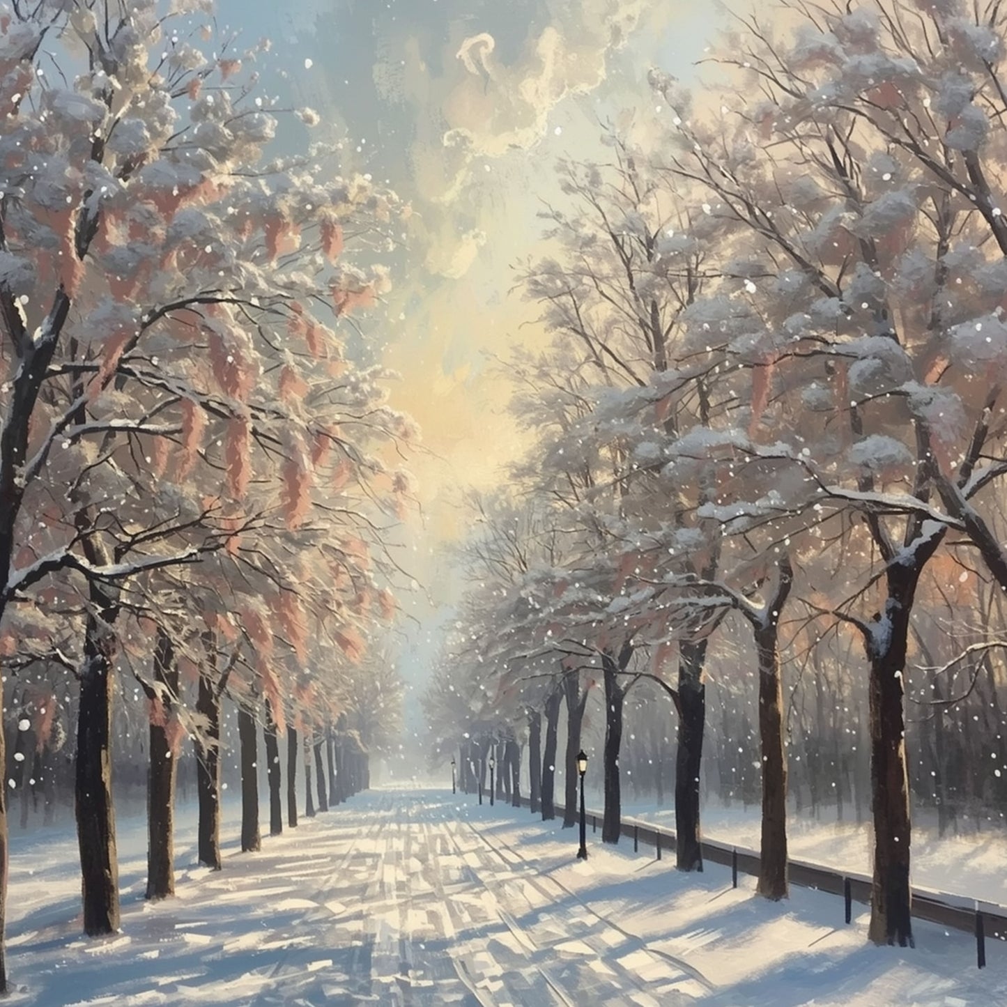 Winter natuur schilderij met sereen symmetrisch bomenlaantje, besneeuwde takken aan weerszijden en zacht gouden licht dat door de wintermist breekt – olieverf wall art print

