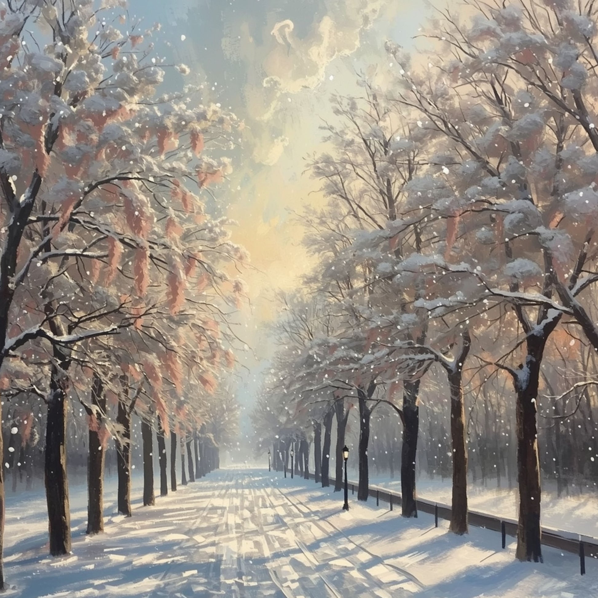 Winter natuur schilderij met sereen symmetrisch bomenlaantje, besneeuwde takken aan weerszijden en zacht gouden licht dat door de wintermist breekt – olieverf wall art print

