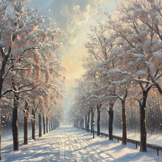 Winter natuur schilderij met sereen symmetrisch bomenlaantje, besneeuwde takken aan weerszijden en zacht gouden licht dat door de wintermist breekt – olieverf wall art print

