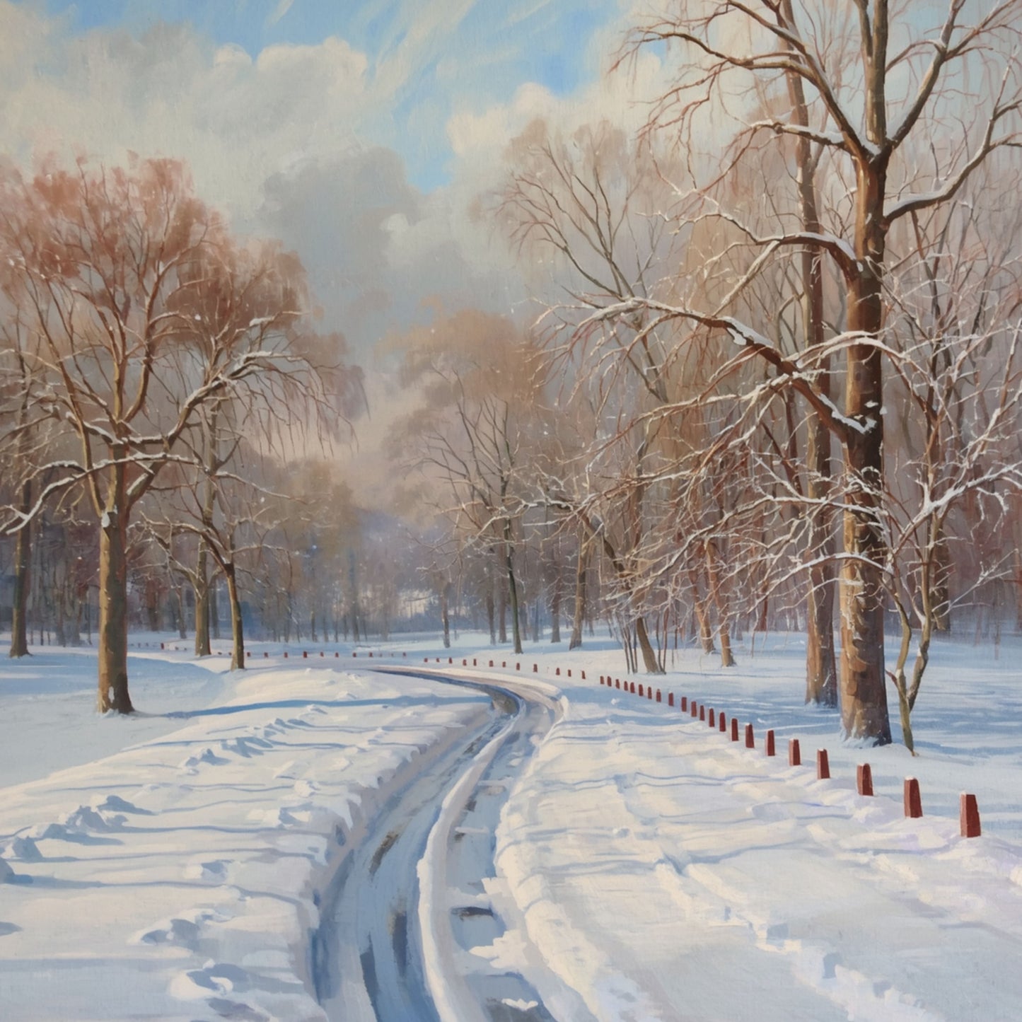 Winter schilderij met verlaten besneeuwde weg, stille bomen langs de kant en zacht diffuus winterlicht over het witte landschap – olieverf wall art print
