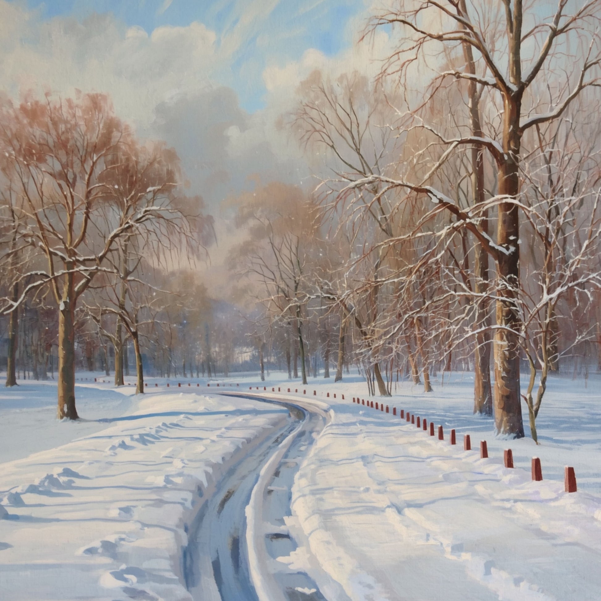 Winter schilderij met verlaten besneeuwde weg, stille bomen langs de kant en zacht diffuus winterlicht over het witte landschap – olieverf wall art print
